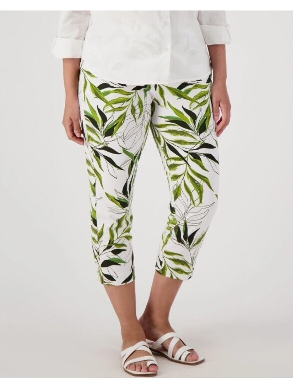 Susan Graver LK Fusion Ava Slim Pedal Pusher Pants – White/Olive Size 2X Petite